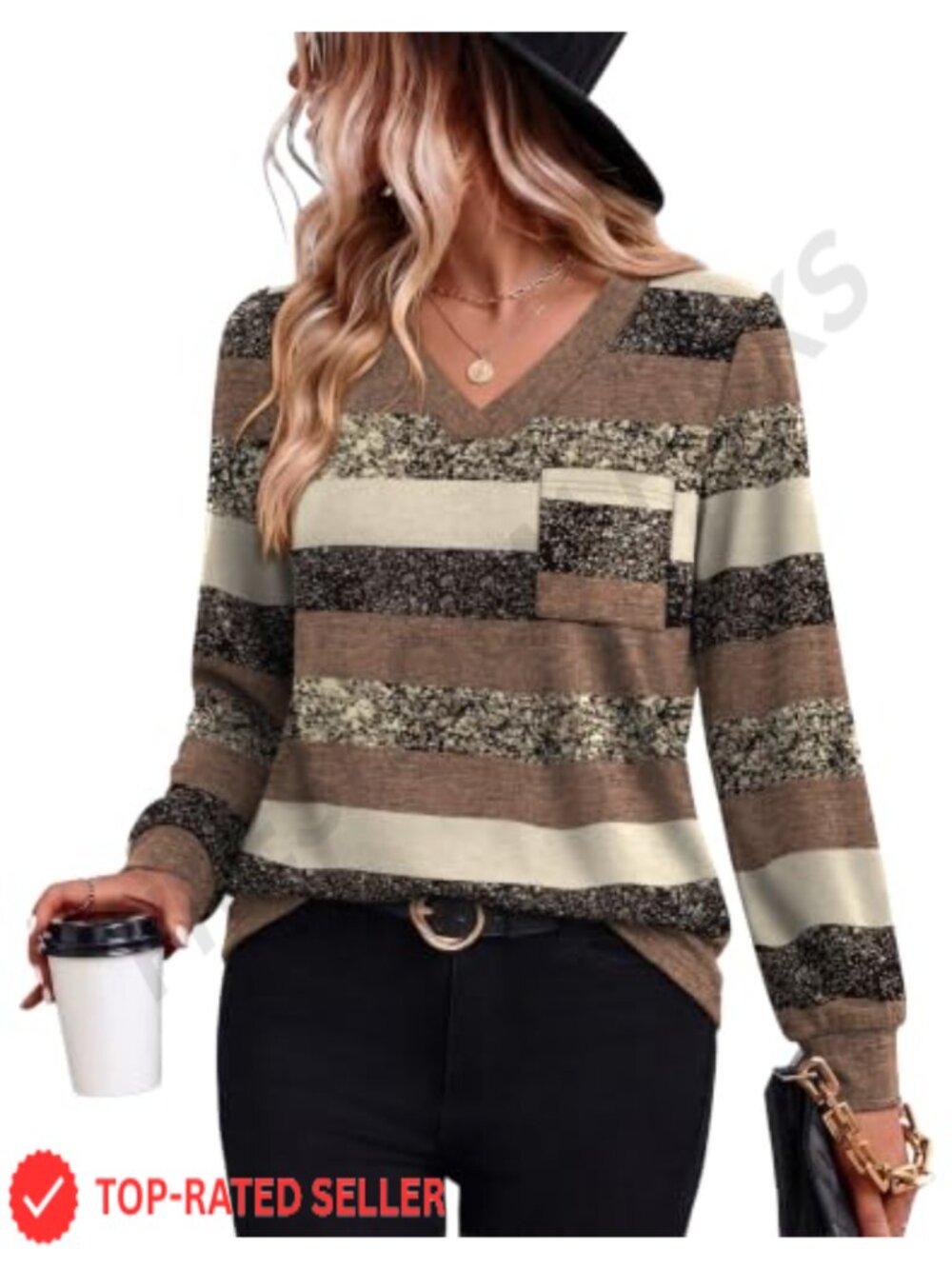 Womens V Neck Long Sleeve T-Shirt Loose Fit Casual Fall Top